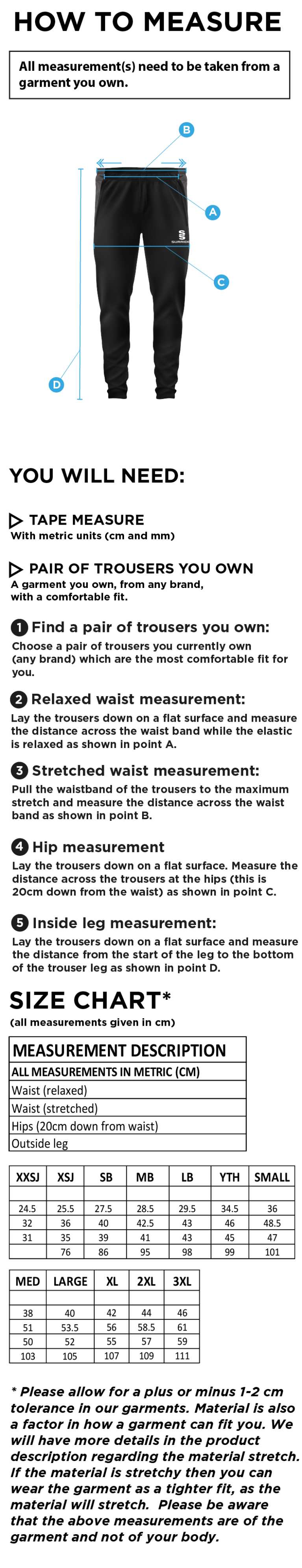 Great Bedwyn CC - Tek Pants - Size Guide