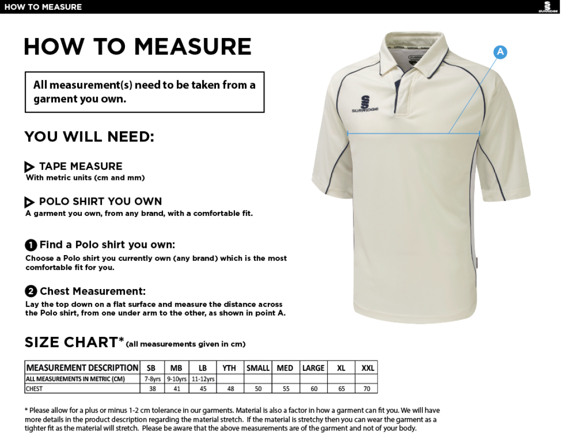 Great Bedwyn CC - Premier 3/4 Sleeved Shirt - Size Guide