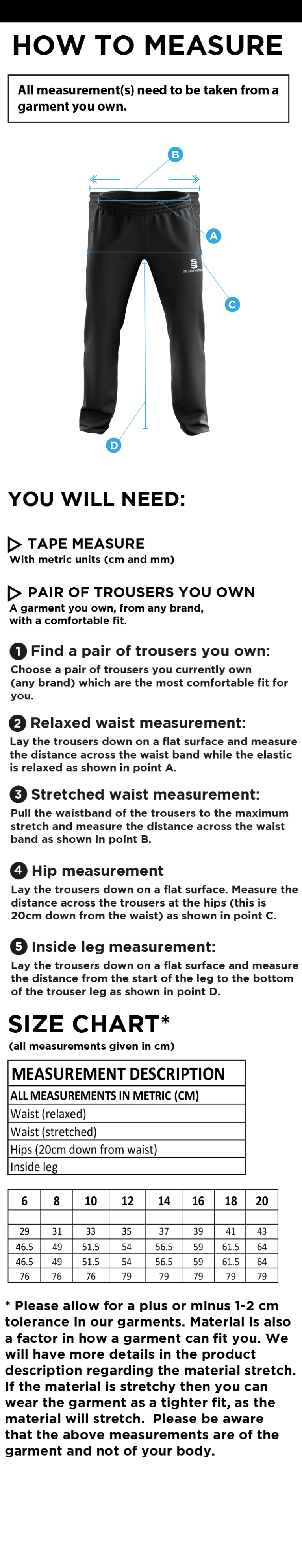 Great Bedwyn CC - Women's Ripstop Track Pants - Size Guide