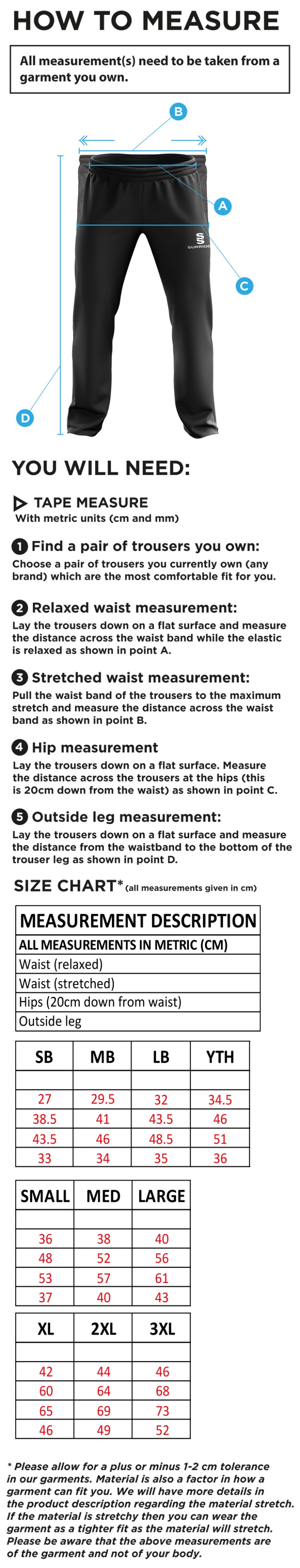 Great Bedwyn CC - Ripstop Track Pants - Size Guide