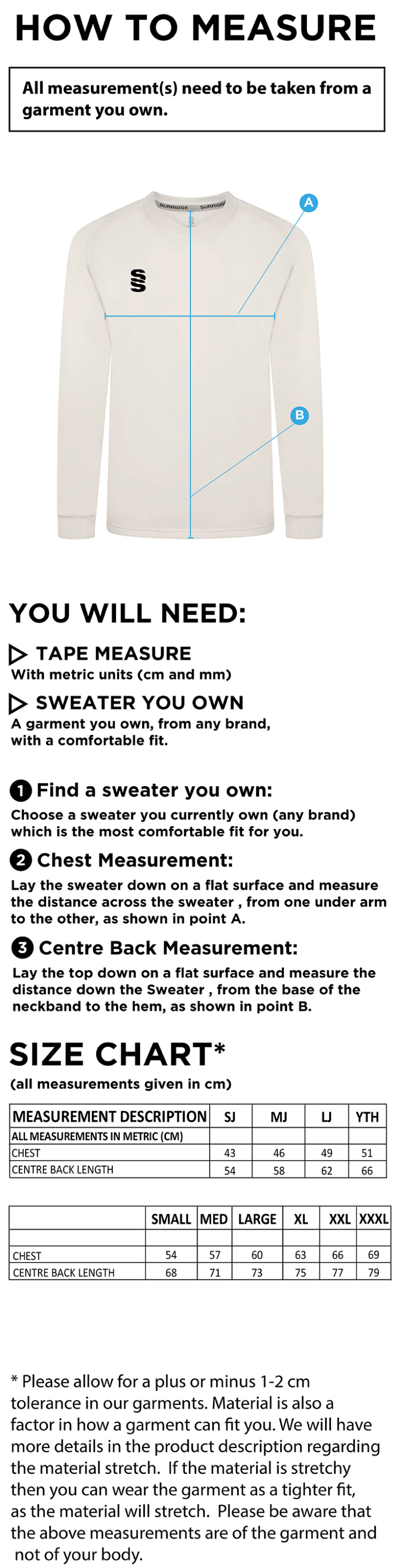 Great Bedwyn CC - Blast Long Sleeve Cricket Sweater - Size Guide