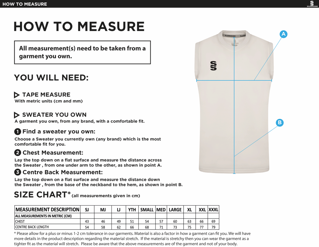 Great Bedwyn CC - Blast Sleeveless Cricket Sweater - Size Guide