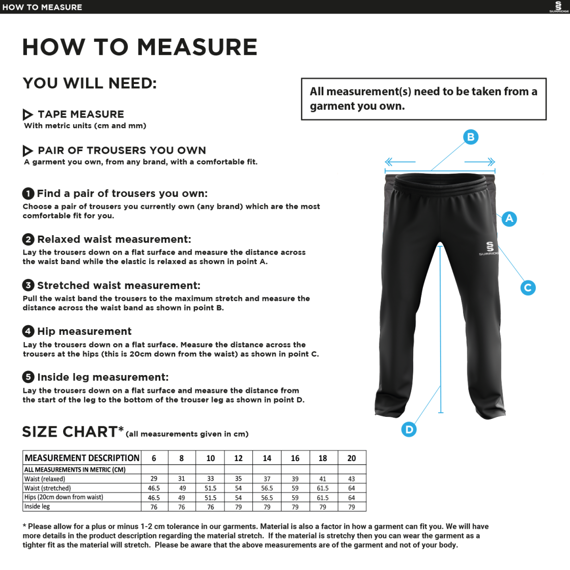 Great Bedwyn CC - Women's Poplin Track Pant - Size Guide