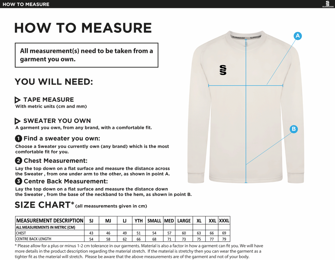 Great Bedwyn CC - Blast Long Sleeve Cricket Sweater - Size Guide