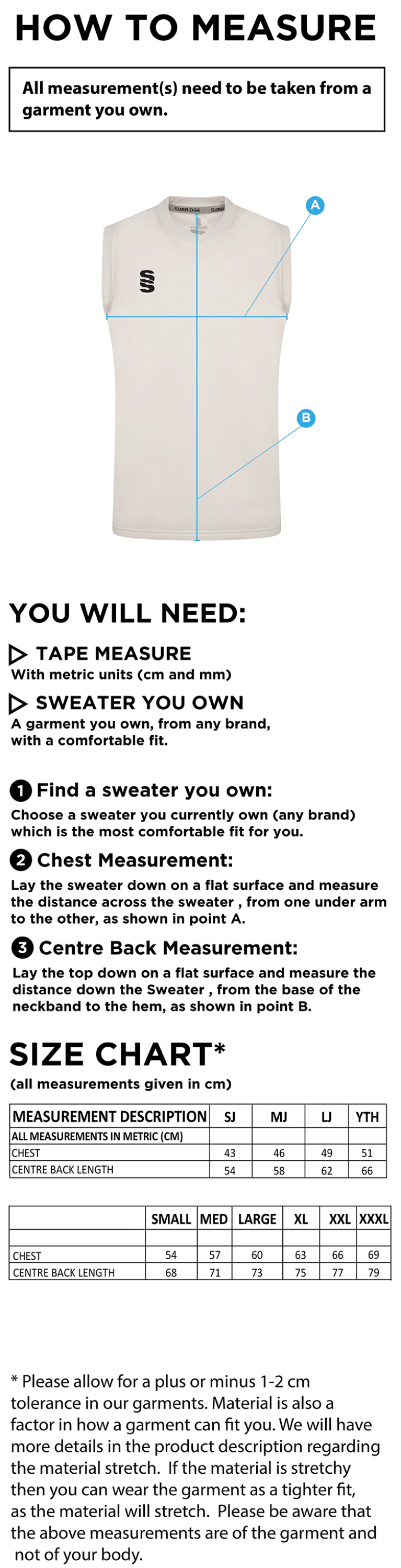 Great Bedwyn CC - Blast Sleeveless Cricket Sweater - Size Guide