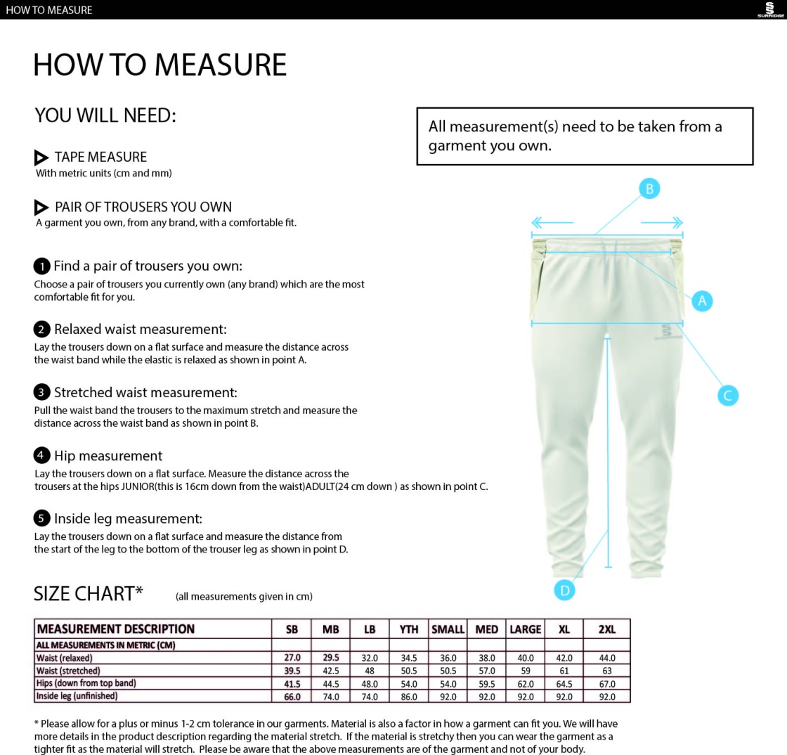 Great Bedwyn CC - White Playing Trousers - Size Guide