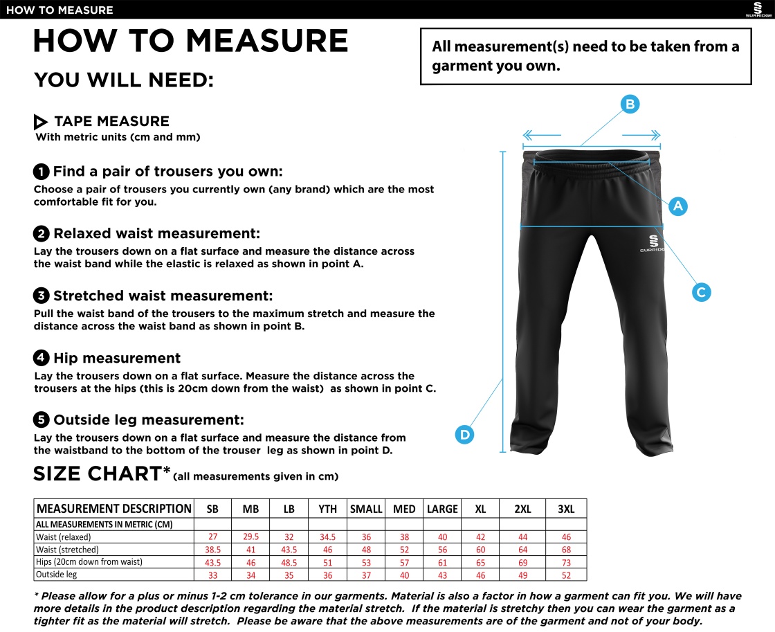 Great Bedwyn CC - Ripstop Track Pants - Size Guide