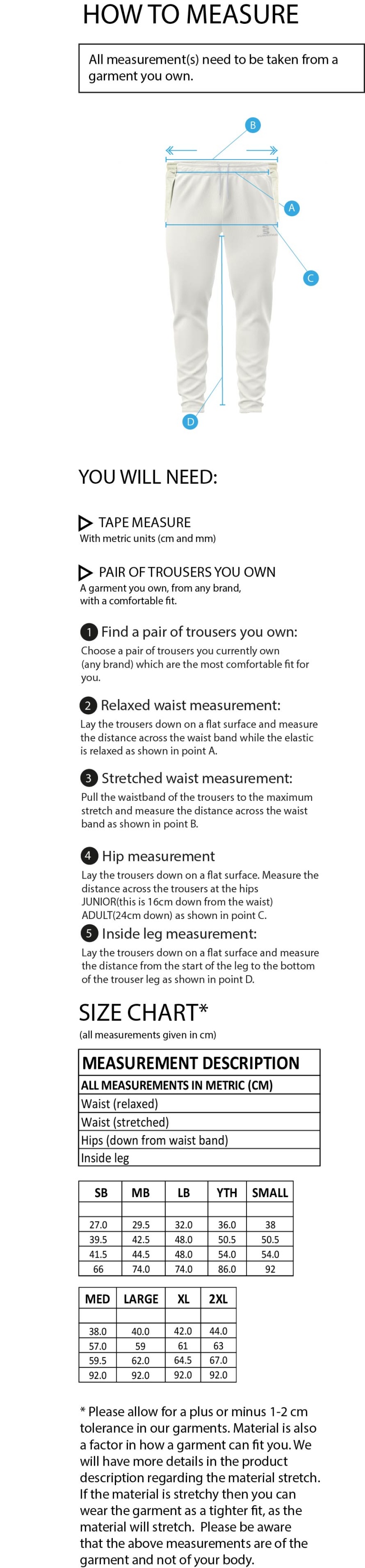 Great Bedwyn CC - White Playing Trousers - Size Guide