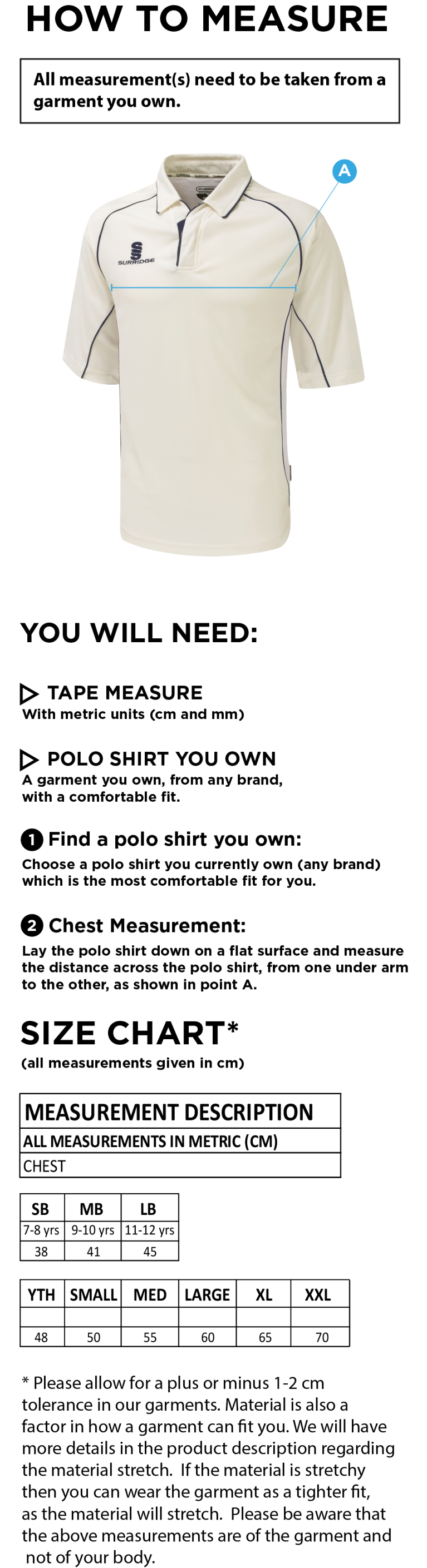 Great Bedwyn CC - Premier 3/4 Sleeved Shirt - Size Guide