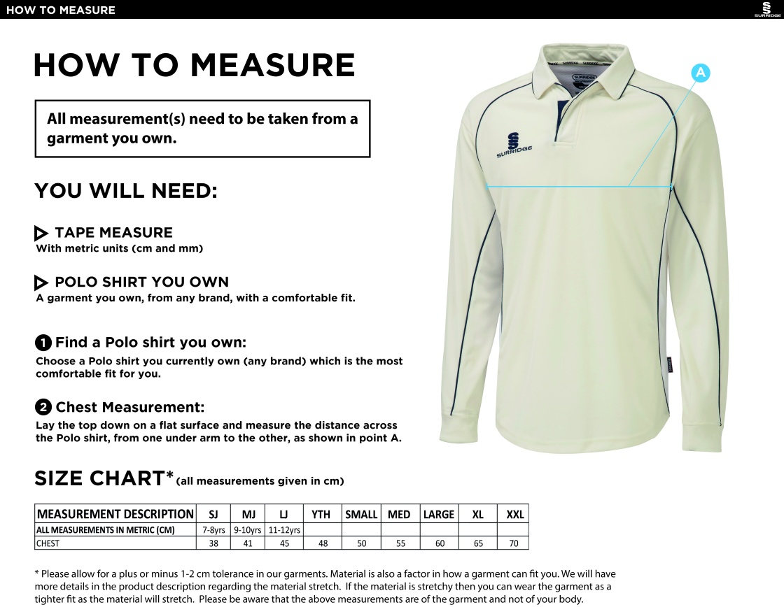 Great Bedwyn CC - Premier Long Sleeved Shirt - Size Guide