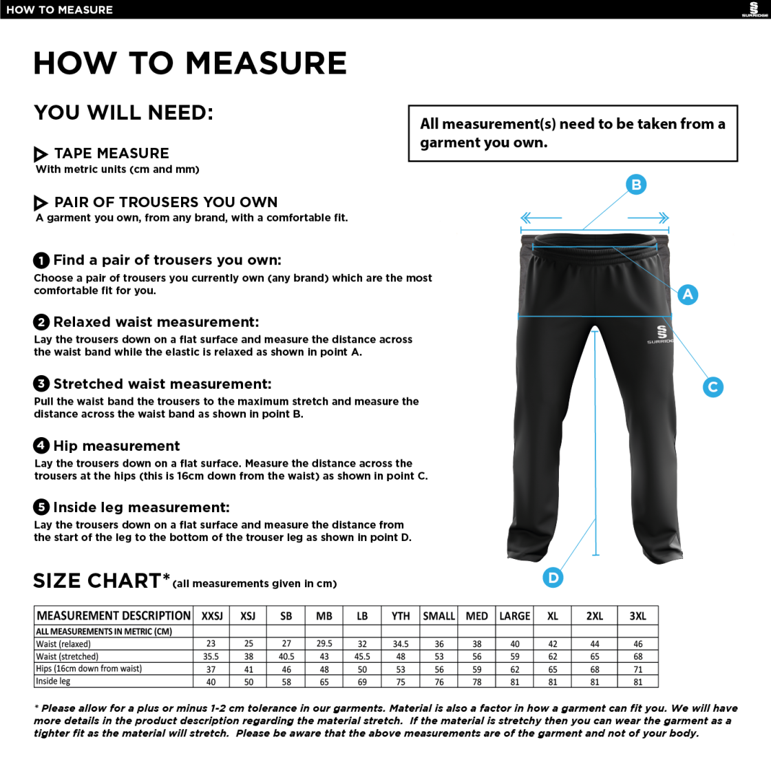 Great Bedwyn CC - Poplin Track Pants - Size Guide